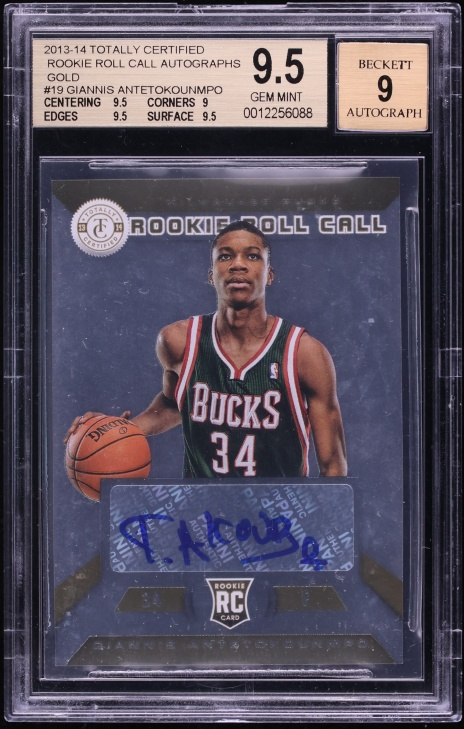 2013–14 Giannis Antetokounmpo Totally Certified Rookie Roll Call Gold autograph in a BGS 9.5 holder