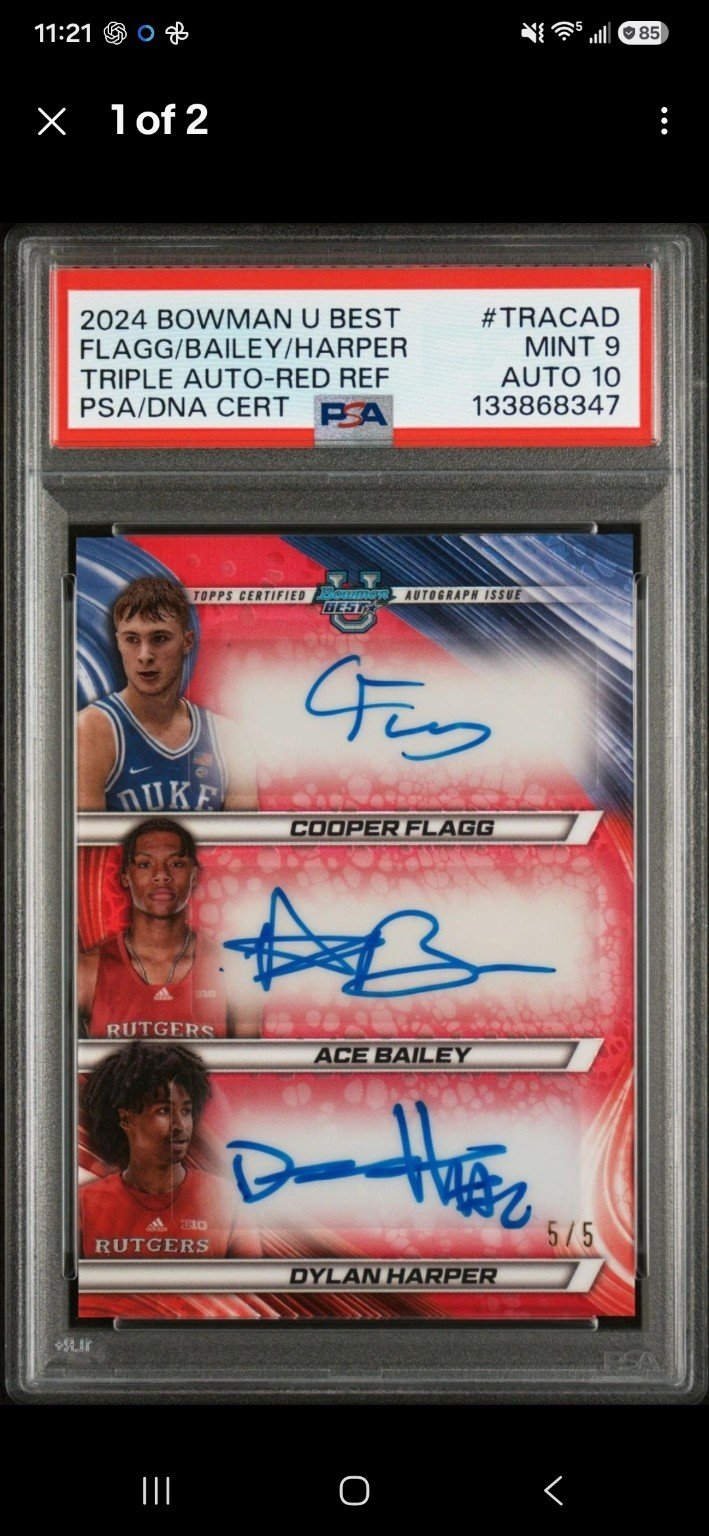Front of the PSA 9 Flagg, Bailey and Harper Triple Auto Red Refractor, serial numbered 5 of 5